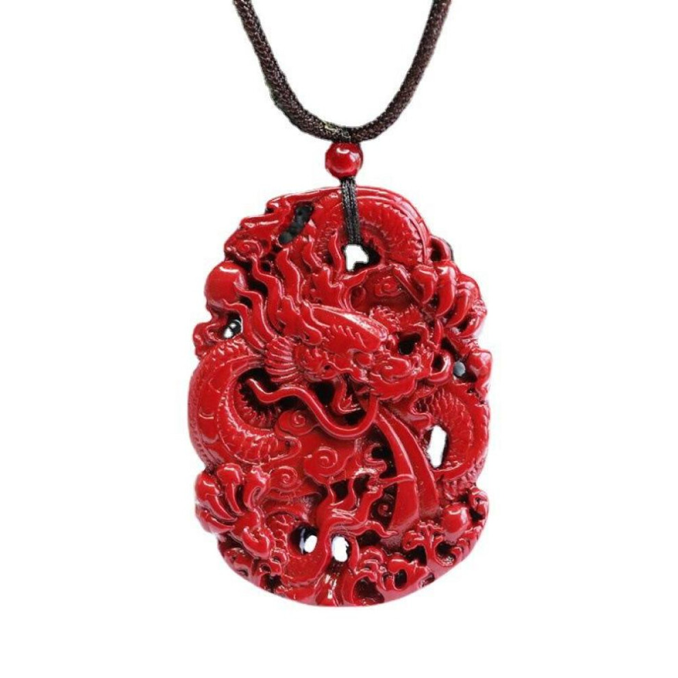 (as the picture) Natural Red Sandstone Double-sided Carved Dragon Pendant For Men Jewelry Trendy Dragon Phoenix Beads Necklace Male Jewelry