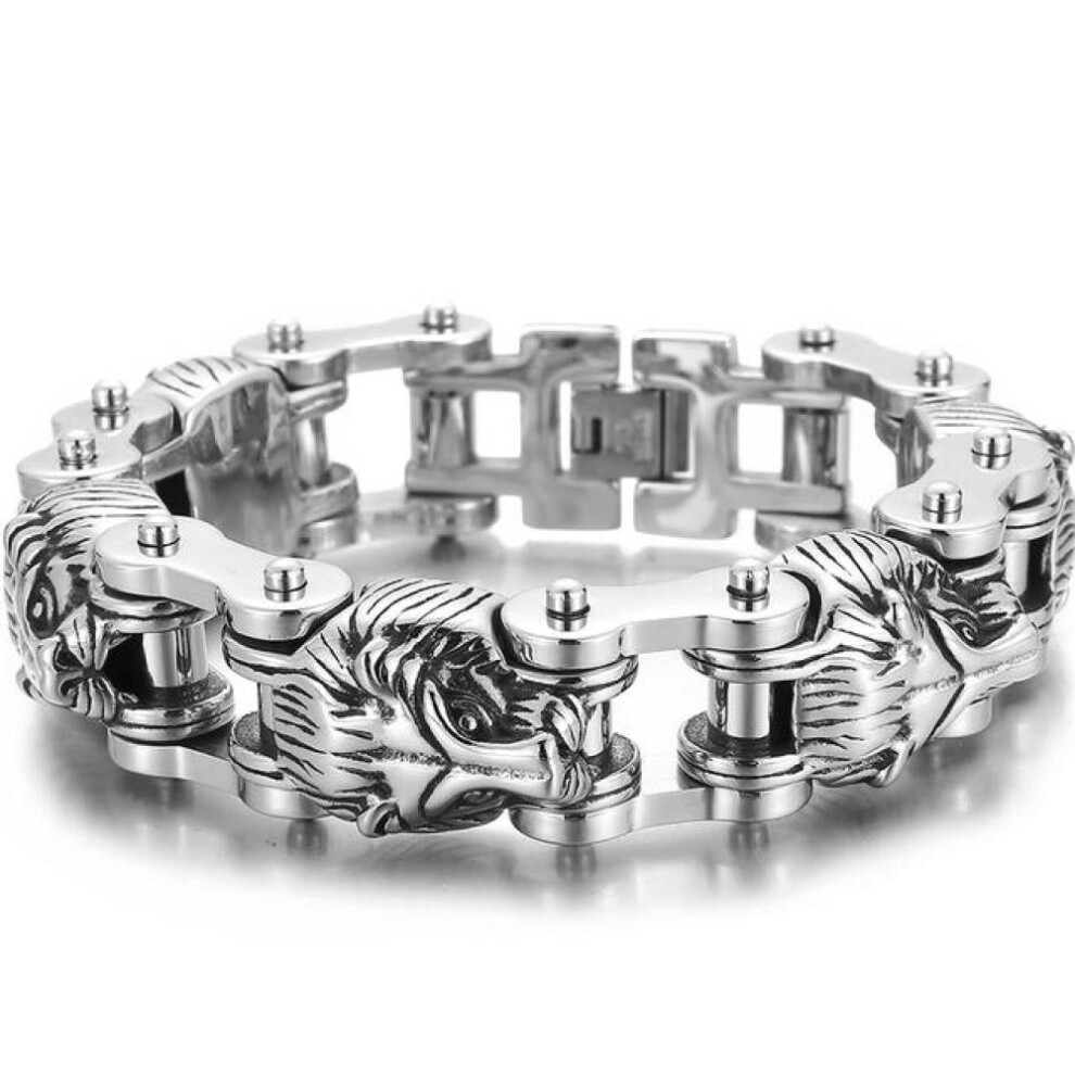 (as the picture, 22cm) Steampunk Lion Head Chain Man Bracelet 18mm Motorcycle Link Chain Handles For Men Massive Solid Stainless Steel Mens Jewellery