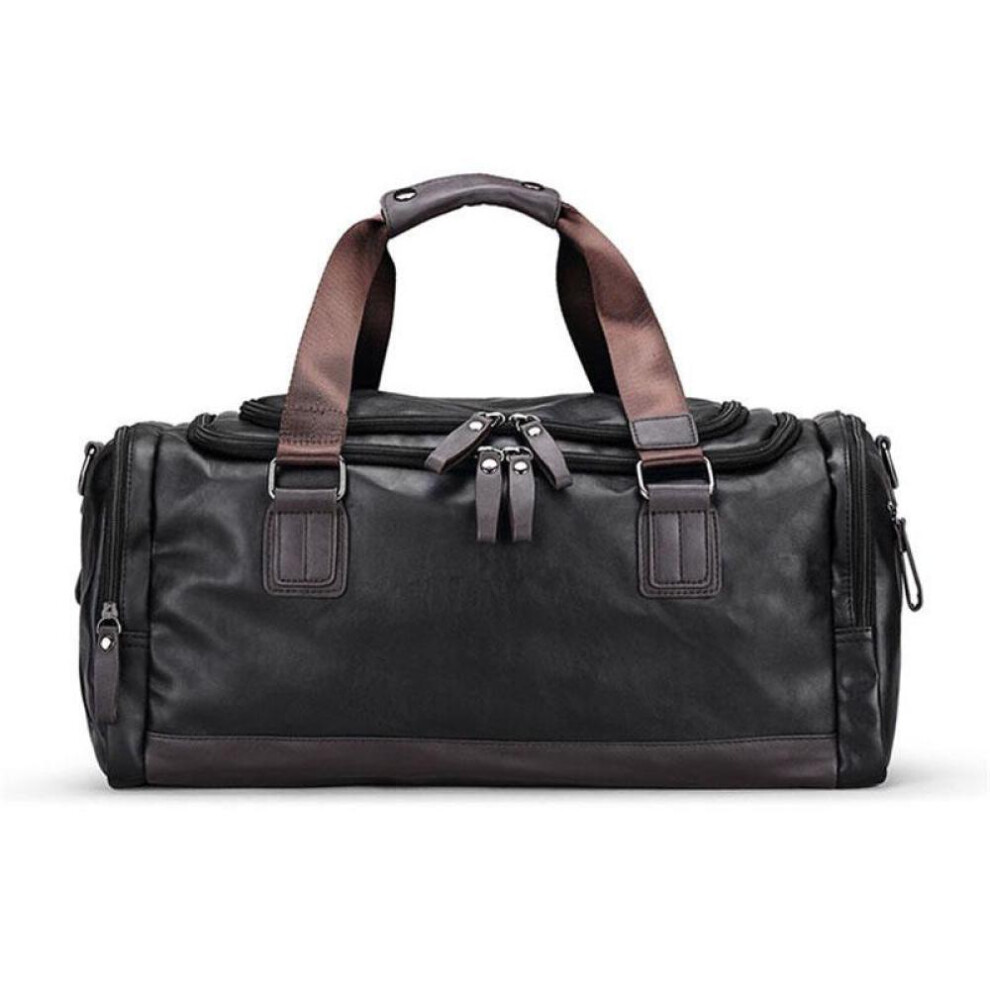 (black) Men&apos;s Pu Leather Gym Sports Duffel Travel Tote Handbag For Male Fitness Trip Carry On Shoulder Bag
