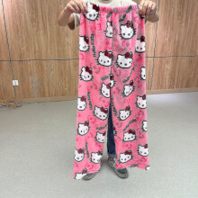 (D, XL) Kawaii Sanrio Hello Kitty Pajamas Noir Anime Flanelle Laine Blanc Cartoon Casual Home Pants Automne Mode Pantalon Peluche Cadeau Xd.