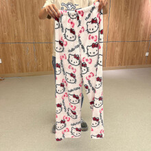 (C, XL) Kawaii Sanrio Hello Kitty Pajamas Noir Anime Flanelle Laine Blanc Cartoon Casual Home Pants Automne Mode Pantalon Peluche Cadeau Xd.