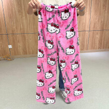 (E, XL) Kawaii Sanrio Hello Kitty Pajamas Noir Anime Flanelle Laine Blanc Cartoon Casual Home Pants Automne Mode Pantalon Peluche Cadeau Xd.