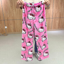 (E, XXL) Kawaii Sanrio Hello Kitty Pajamas Noir Anime Flanelle Laine Blanc Cartoon Casual Home Pants Automne Mode Pantalon Peluche Cadeau Xd.