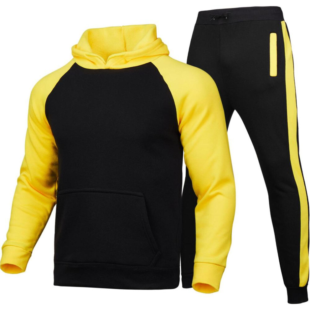 (yellow, XXXL) Autumn Winter Tracksuit Men Patchwork Color Hooded 2 Piece Sets Mens Outfits Suit Men Fleece Sport Hoodie Sweatpants Two Piece Sets