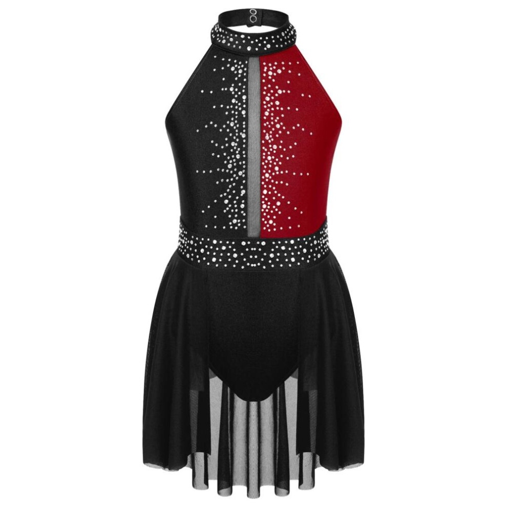 (black,burgundy, 5-6 Years) Kids Girls Ballet Leotard Tutu Dance Dress Sleeveless Rhinestone Lyrical Dance Dress Ballerina Gymnastics Leotard Stage Costume