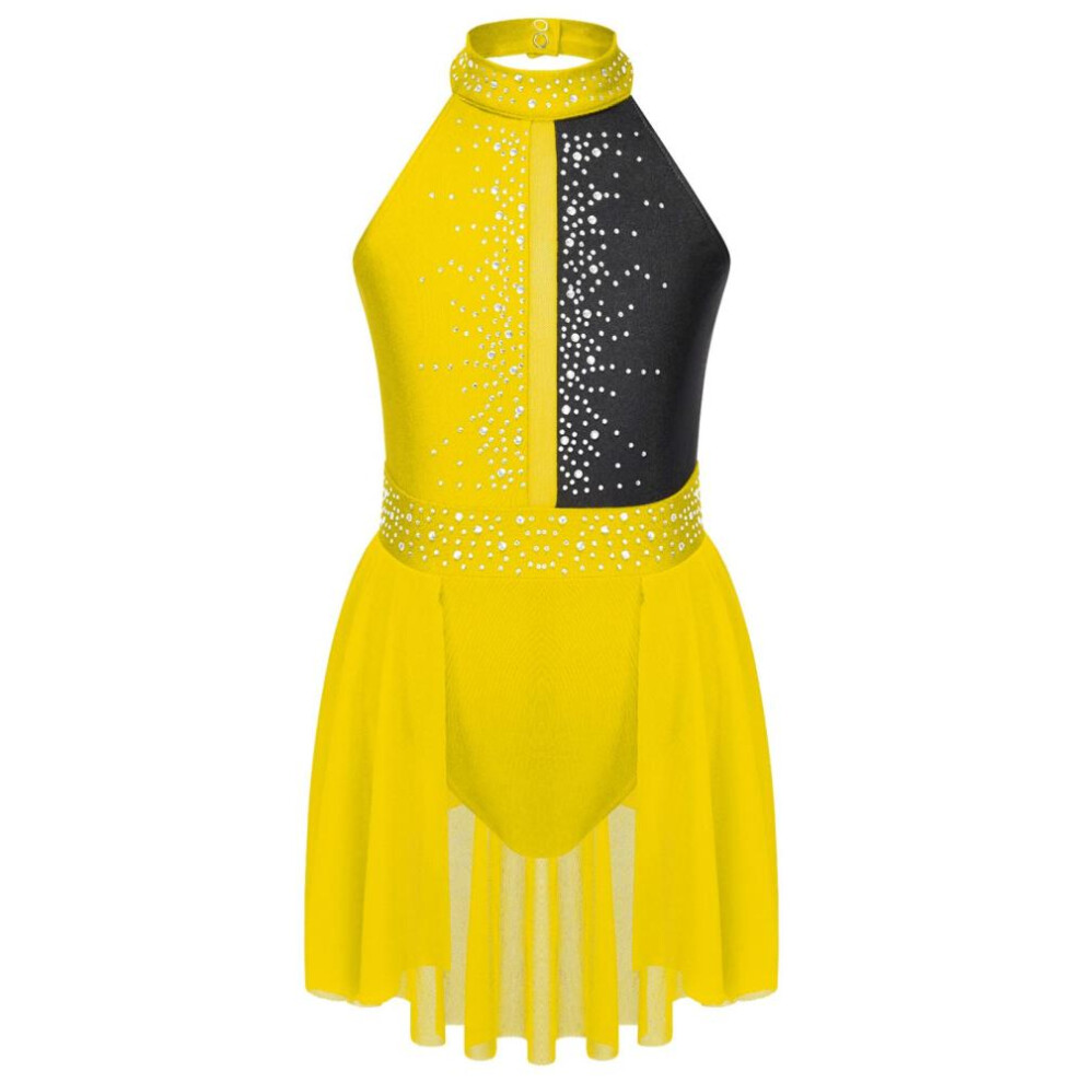(yellow,black, 11-12 Years) Kids Girls Ballet Leotard Tutu Dance Dress Sleeveless Rhinestone Lyrical Dance Dress Ballerina Gymnastics Leotard Stage Costume