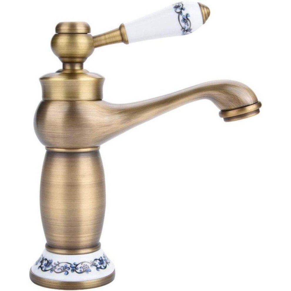 Vintage Antique Brass Faucet With Blue And White Porcelain, Long Neck Mixer Tap For Bathroom/kitchen, Cold And Hot Water Basin Sink (antique Finish)