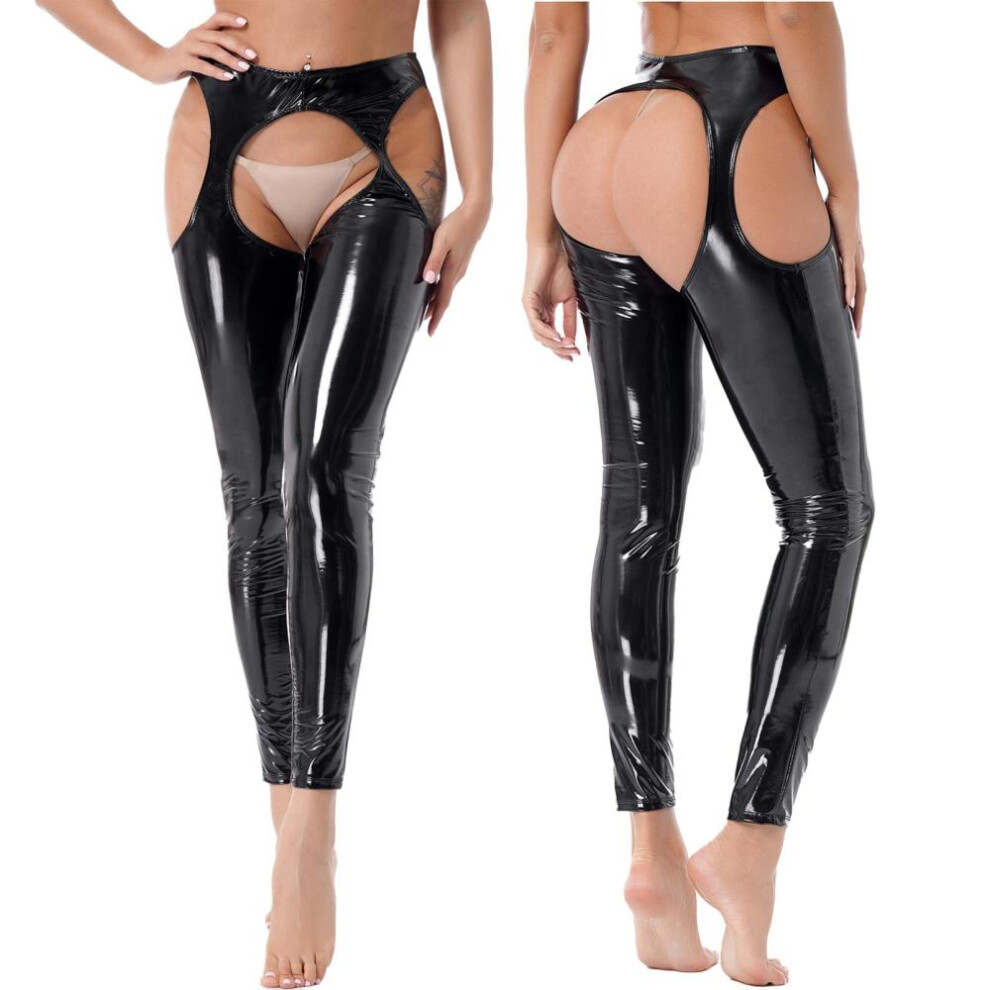 (black, L) Womens Wet Look High Waist Cutout Leggings Crotchless Open Butt Patent Leather Skinny Pants Clubwear