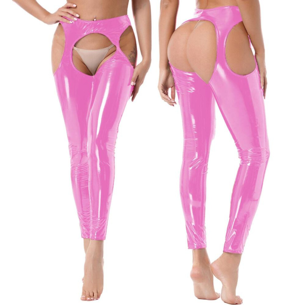 (pink, M) Womens Wet Look High Waist Cutout Leggings Crotchless Open Butt Patent Leather Skinny Pants Clubwear