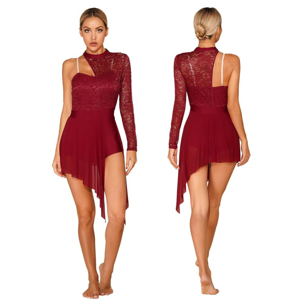 (burgundy, S) Women&apos;s Lyrical Latin Dance Dresses Asymmetric Skirted Leotard Modern Contemporary Dancing Costume