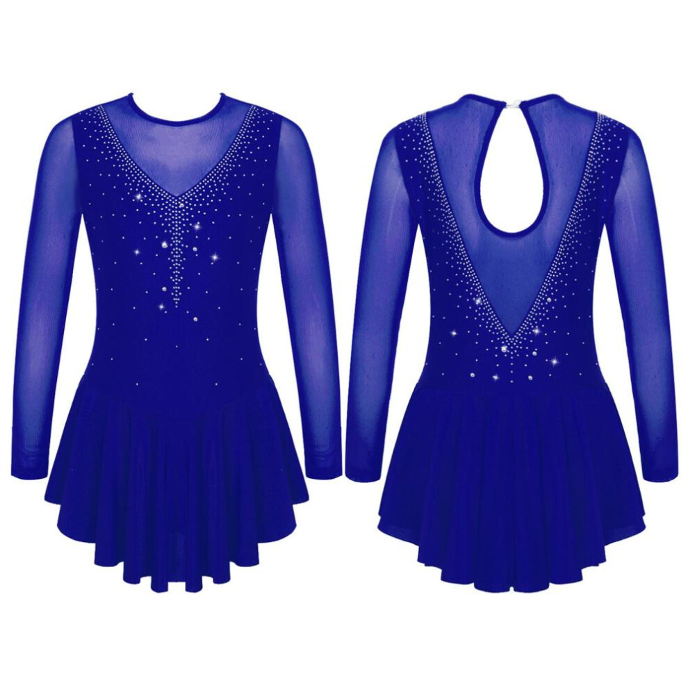 (royal blue, 15-16 Years) Kids Girls Stylish Dress Long Sleeve Sparkly Rhinestone Patchwork Style Gymnastics Leotard Dress Dancewear