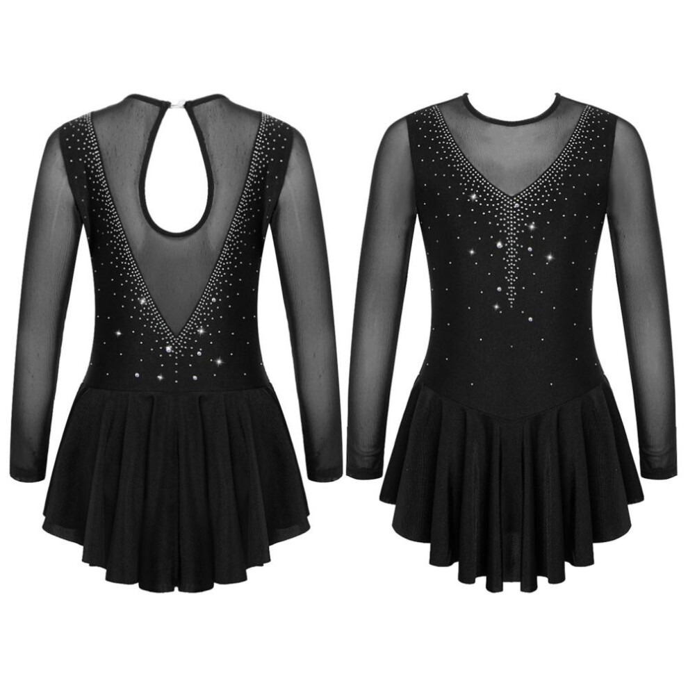 (black, 13-14 Years) Kids Girls Stylish Dress Long Sleeve Sparkly Rhinestone Patchwork Style Gymnastics Leotard Dress Dancewear