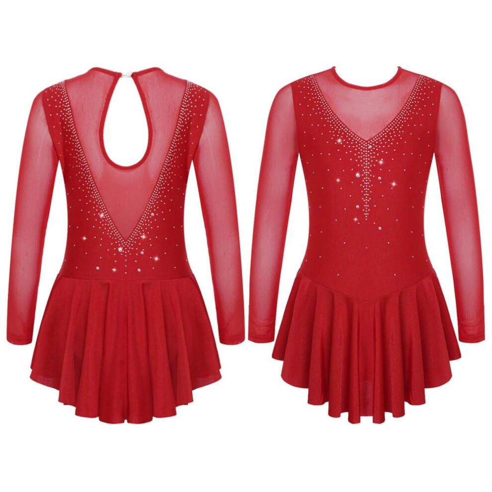 (burgundy, 13-14 Years) Kids Girls Stylish Dress Long Sleeve Sparkly Rhinestone Patchwork Style Gymnastics Leotard Dress Dancewear