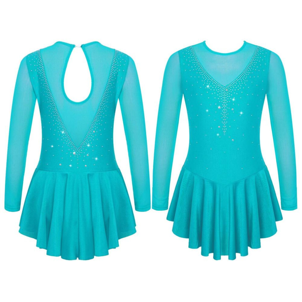 (lake green, 11-12 Years) Kids Girls Stylish Dress Long Sleeve Sparkly Rhinestone Patchwork Style Gymnastics Leotard Dress Dancewear