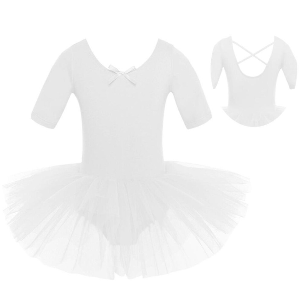 (white, 7-8 Years) Girls' Short Sleeves Back Detailing Ballet Tutu Leotard Skirt Gymnastics Dance Outfit Clothes