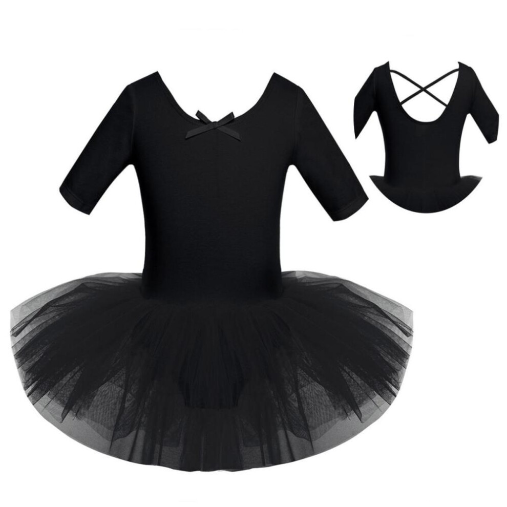 (black, 7-8 Years) Girls' Short Sleeves Back Detailing Ballet Tutu Leotard Skirt Gymnastics Dance Outfit Clothes