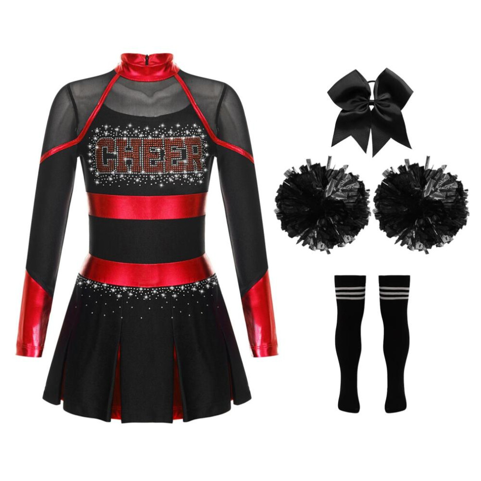 (red,black, 15-16 Years) Children's Cheer Leader Costume Halloween Cheerleading Uniform Dress With Pompoms And Socks Carnival Party Fancy Dress O