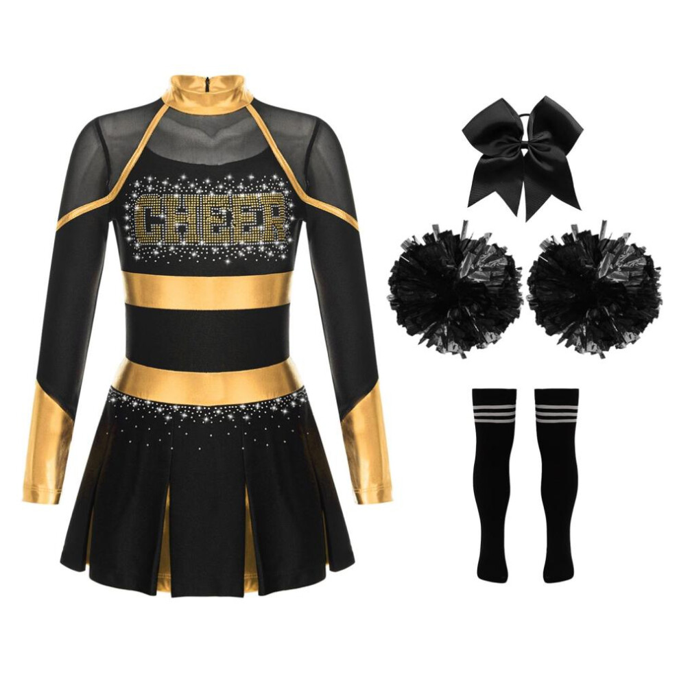 (gold,black, 11-12 Years) Children's Cheer Leader Costume Halloween Cheerleading Uniform Dress With Pompoms And Socks Carnival Party Fancy Dress