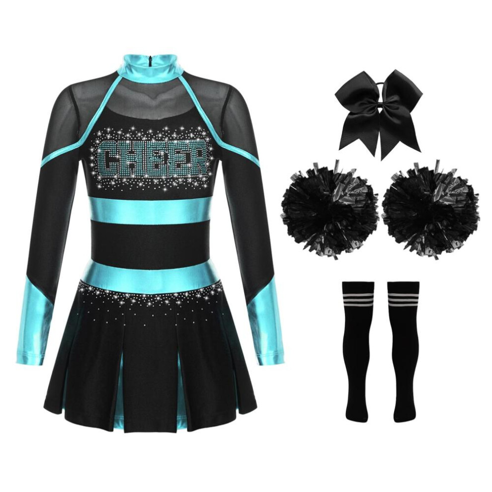 (blue,black, 7-8 Years) Children's Cheer Leader Costume Halloween Cheerleading Uniform Dress With Pompoms And Socks Carnival Party Fancy Dress Ou