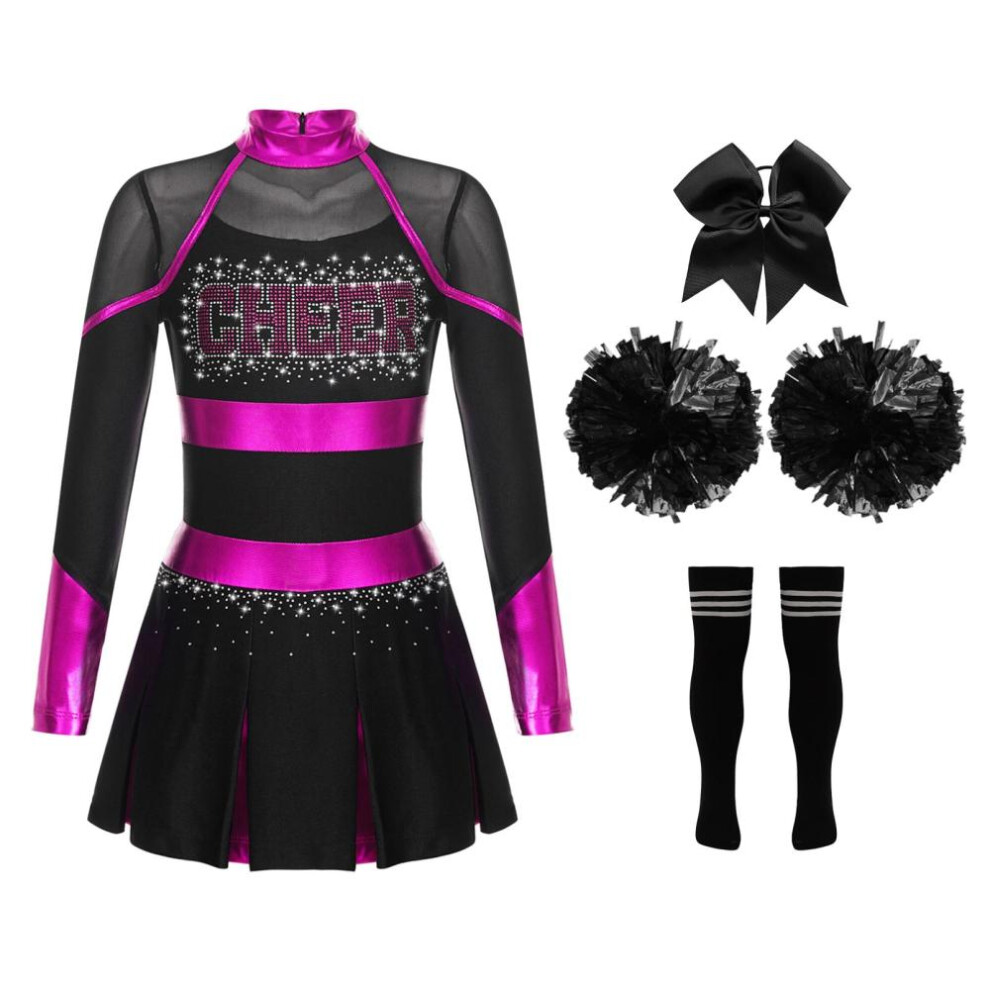 (hot pink,black, 13-14 Years) Children's Cheer Leader Costume Halloween Cheerleading Uniform Dress With Pompoms And Socks Carnival Party Fancy Dr