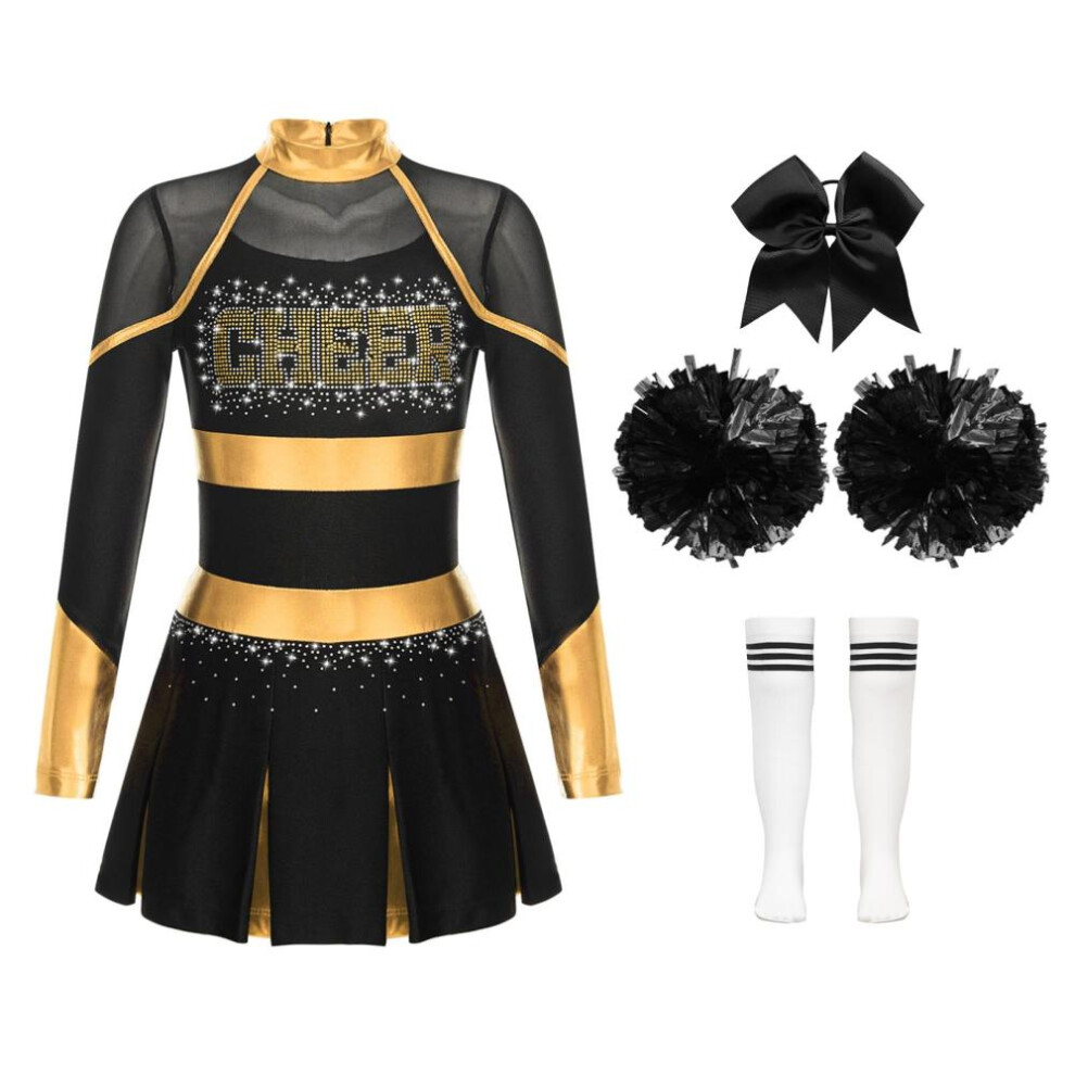 (gold,white, 15-16 Years) Children's Cheer Leader Costume Halloween Cheerleading Uniform Dress With Pompoms And Socks Carnival Party Fancy Dress