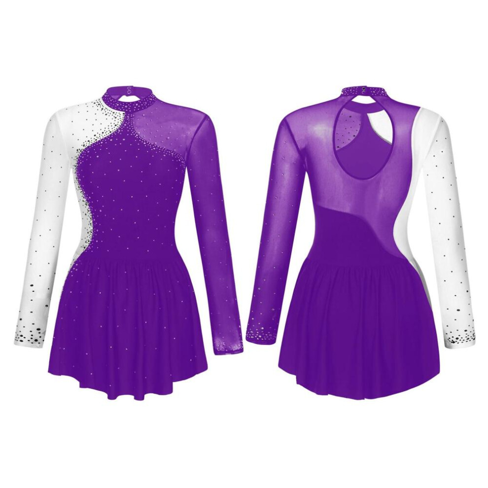 (purple, XL) Ice Skating Competition Dress Adult Glitter Rhinestone Figure Skating Dress Ballet Lyrical Dance Leotard Dress