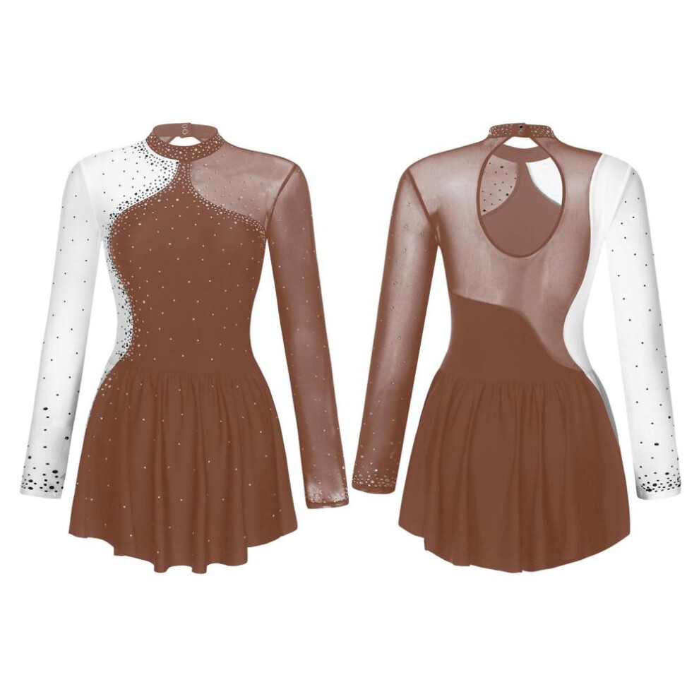 (brown, L) Ice Skating Competition Dress Adult Glitter Rhinestone Figure Skating Dress Ballet Lyrical Dance Leotard Dress