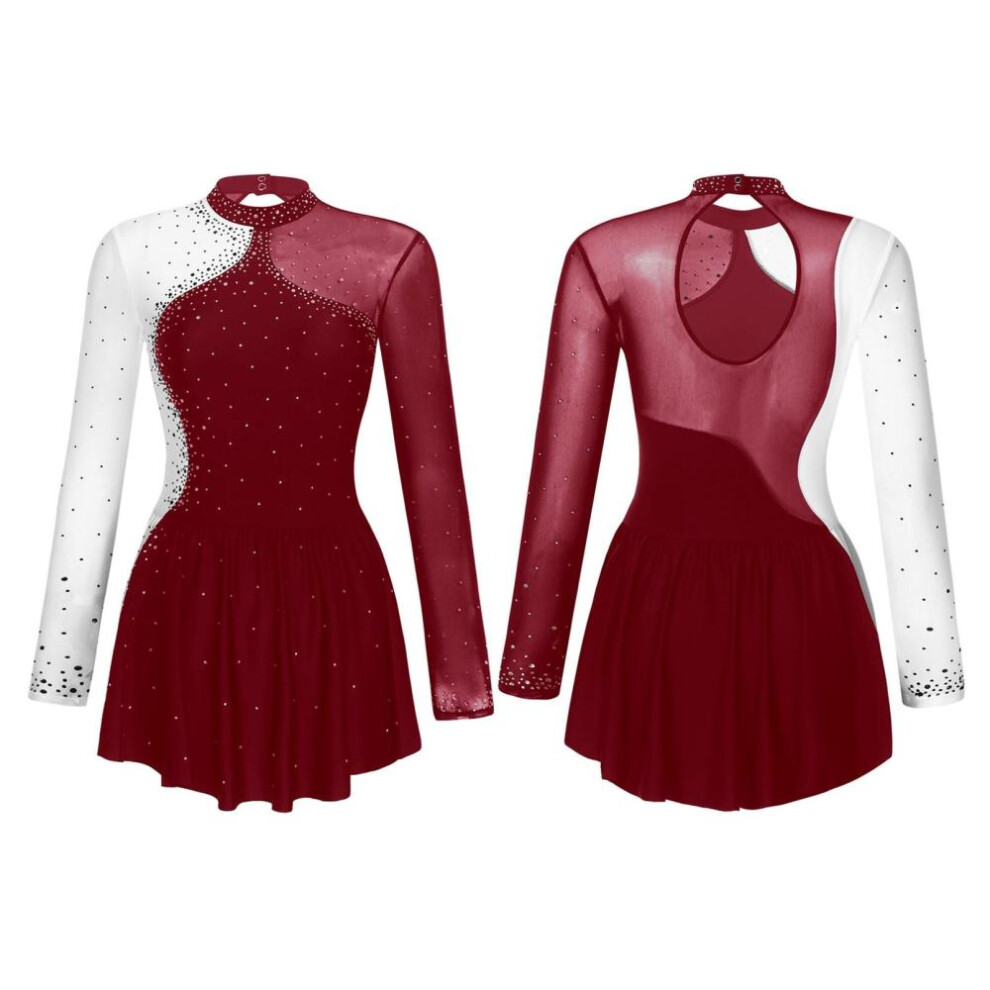 (burgundy, XL) Ice Skating Competition Dress Adult Glitter Rhinestone Figure Skating Dress Ballet Lyrical Dance Leotard Dress