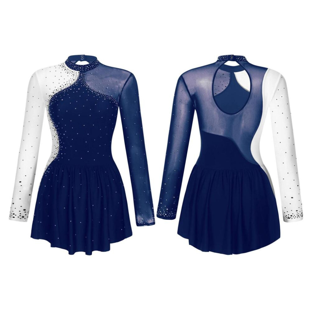 (navy blue, M) Ice Skating Competition Dress Adult Glitter Rhinestone Figure Skating Dress Ballet Lyrical Dance Leotard Dress