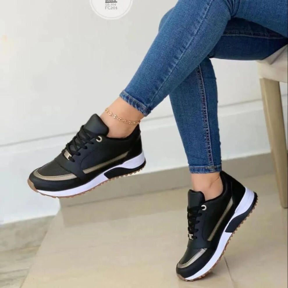 (black, 43) Fashion Ladies Sneakers On Sale Fashion Round Toe Flat Platform Shoes Caual Mixed Colors Lace Up Sneakers Outdoor Running Women&apos;s Shoes