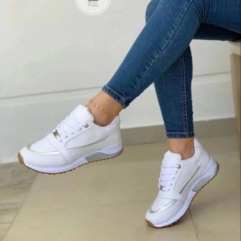 (white, 37) Fashion Ladies Sneakers On Sale Fashion Round Toe Flat Platform Shoes Caual Mixed Colors Lace Up Sneakers Outdoor Running Women&apos;s Shoes