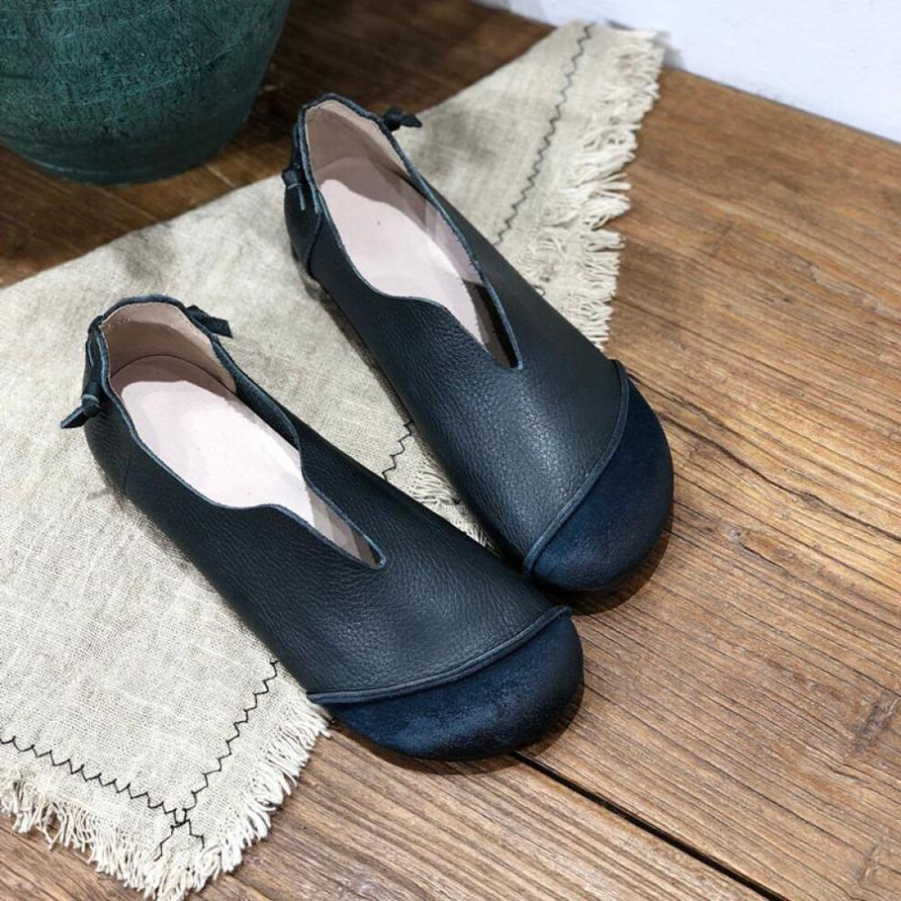 (black, 36) Johnature Retro Genuine Leather Women Soft Sole Flats Shoes Handmade Casual Shallow Round Toe Slip-on Loafers
