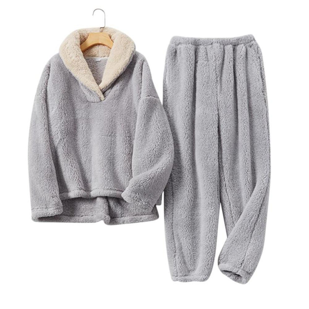 (grey, XL) Autumn Winter Pajamas Set Women Loungewear Fleece Sleepwear Home Suits Homewear Ladies Warm Plush Lounge Sleep Wear