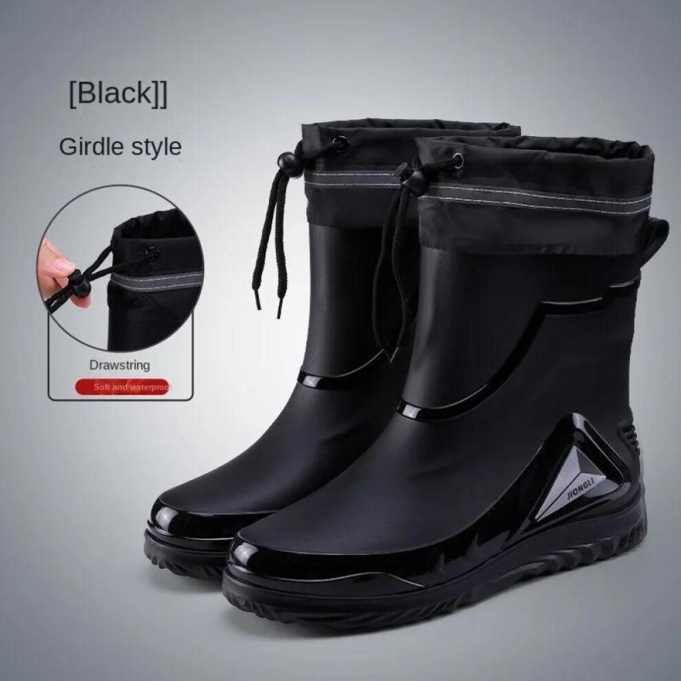 (black, 41) Rain Boots Men&apos;s Waterproof Drawstring Rain Shoes Velvet Padded Suit Warm Non-slip Flat Fashion Take Out Rider Rain Boots