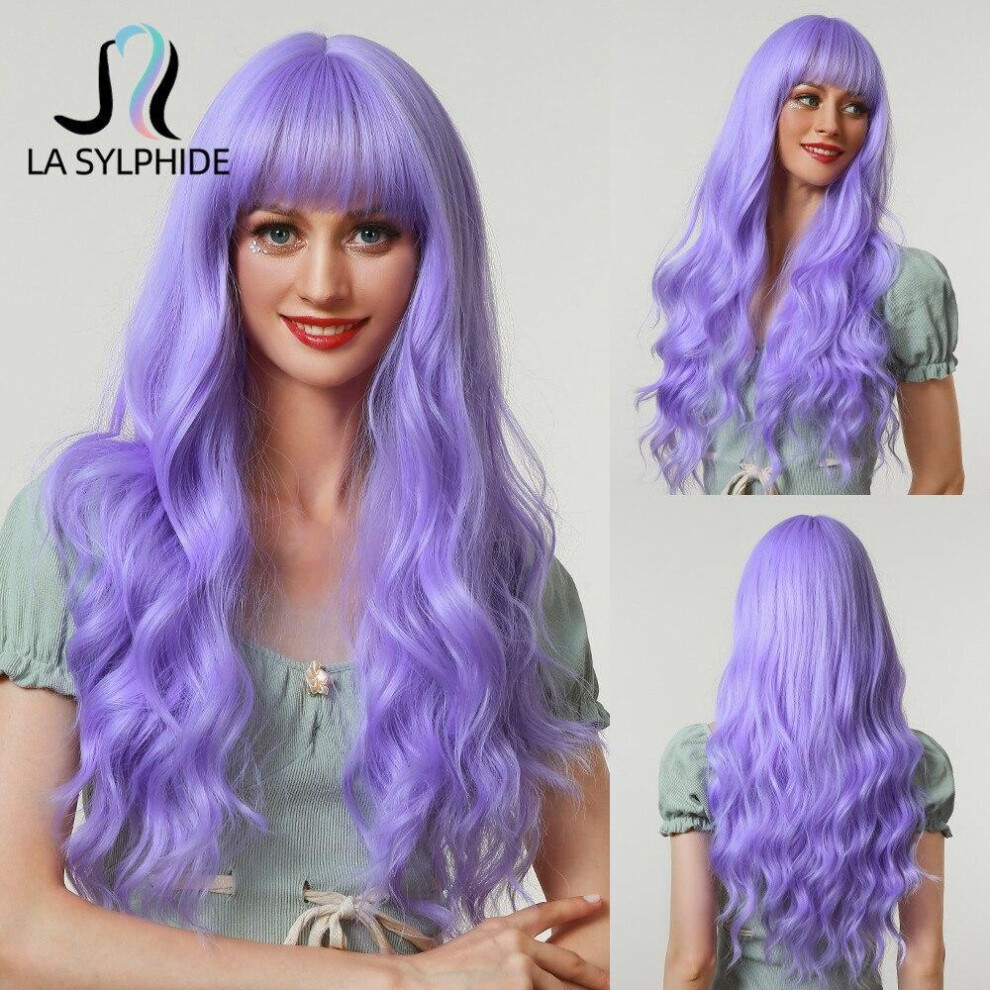 Cosplay Wig Long Wavy Purple Synthetic Hair Wigs With Bangs For Women