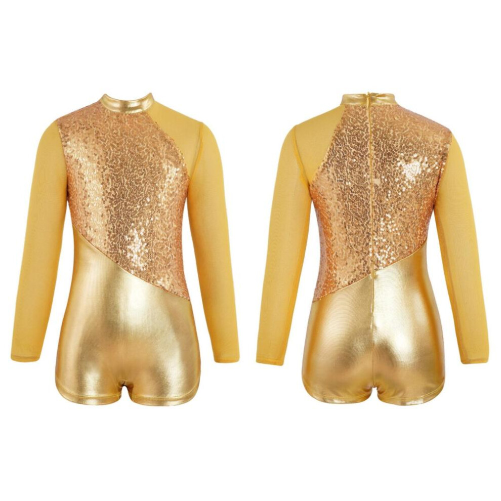 (gold, 5-6 Years) Kids Girls One Piece Dance Leotard Long Sleeve Sparkling Metallic Sequins Gymnastic Bodysuit