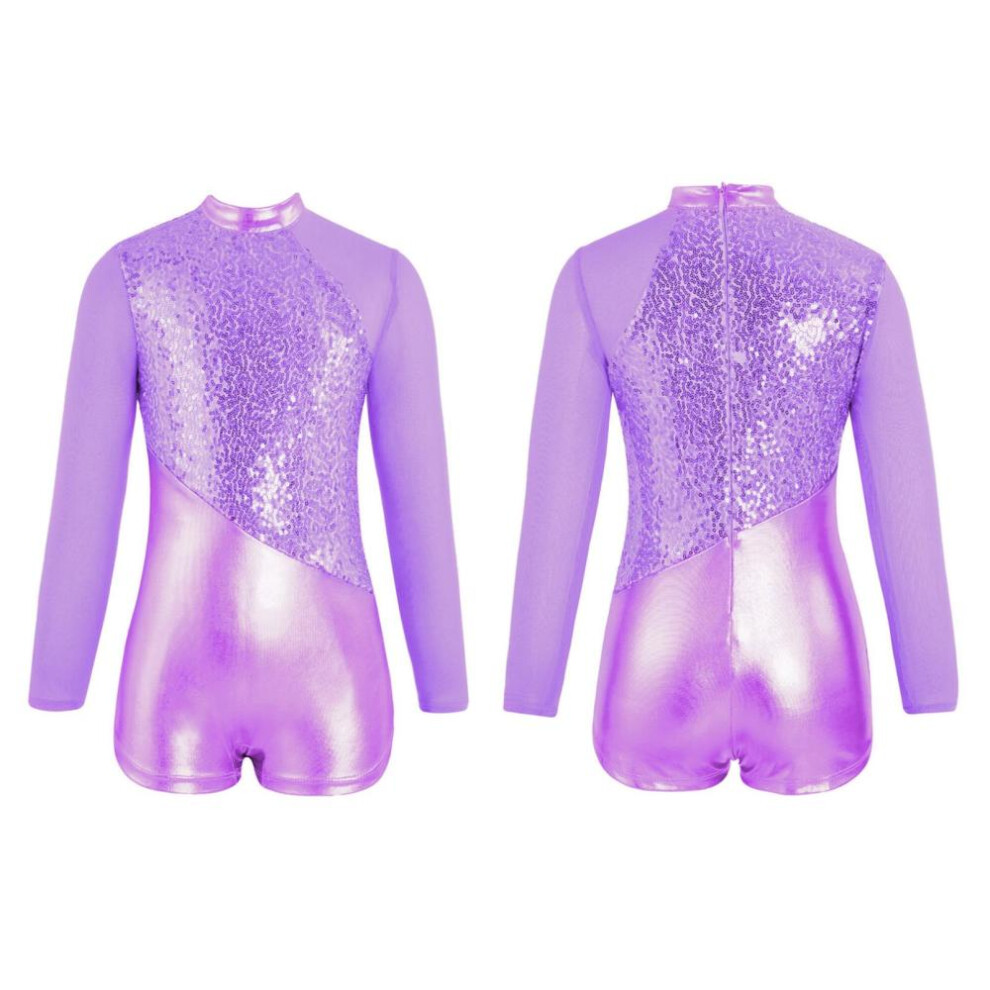 (purple, 13-14 Years) Kids Girls One Piece Dance Leotard Long Sleeve Sparkling Metallic Sequins Gymnastic Bodysuit