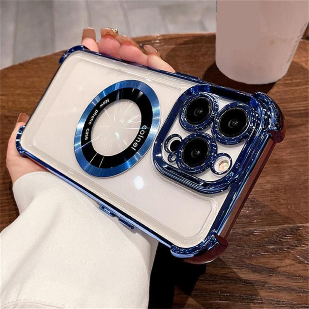 (blue, iPhone 11 Pro) Luxury Plating Transparent For Magsafe Magnetic Case For Iphone 14 13 12 11 Pro Max 14pro Shockproof Corners Clear Acrylic Cover