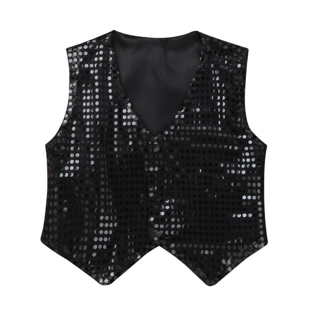(black, 14-15 Years) Kids Boys Sequined V Neckline Vest 3 Press Buttons Jacket Hip-hop Jazz Dance Waistcoat Stage Performance Clothes