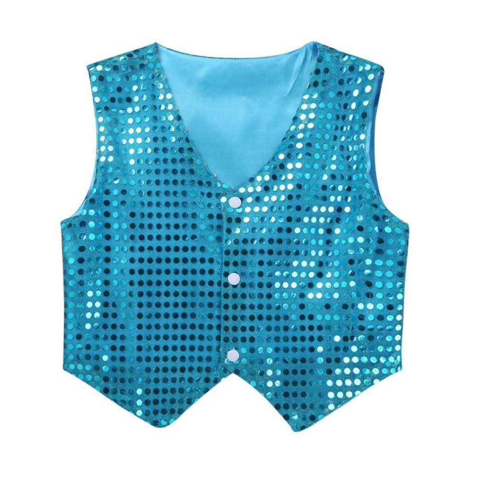 (light blue, 10-12 Years) Kids Boys Sequined V Neckline Vest 3 Press Buttons Jacket Hip-hop Jazz Dance Waistcoat Stage Performance Clothes