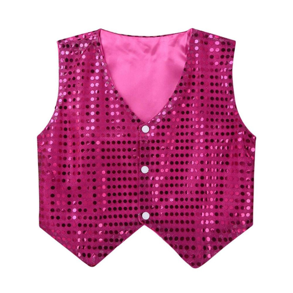 (hot pink, 7-8 Years) Kids Boys Sequined V Neckline Vest 3 Press Buttons Jacket Hip-hop Jazz Dance Waistcoat Stage Performance Clothes