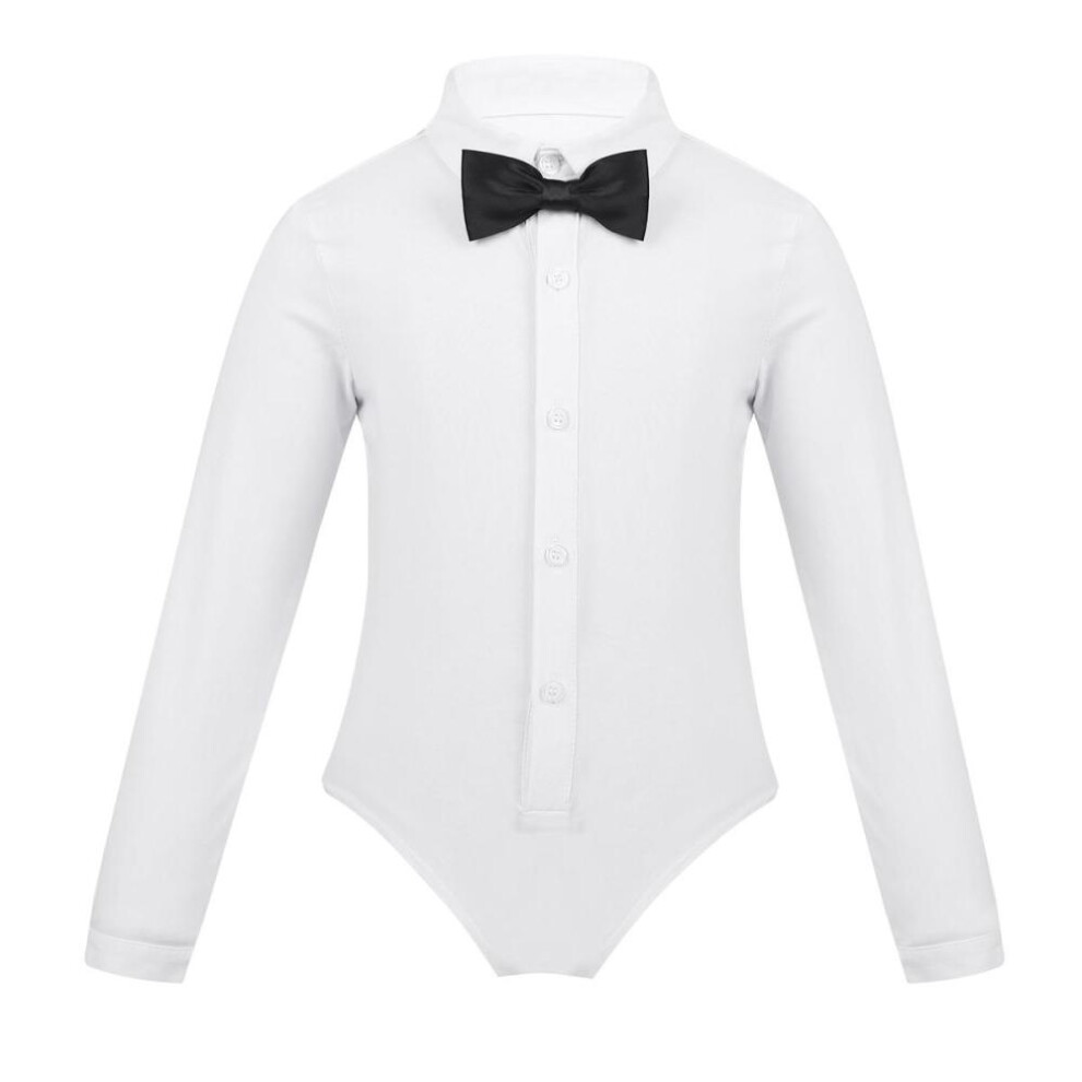 (white, 11-12 Years) Kids Boys One Piece Latin Bowtie Romper Dance Shirt Top Leotard Bodysuit Ballroom Dancing Costume