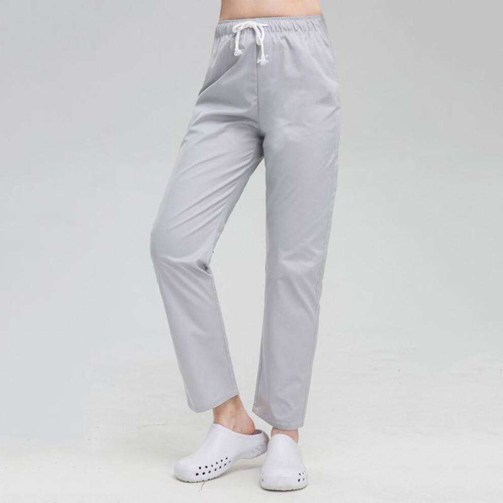 (light grey, XXL) Unisex Elastic Waist Drawstring Scrub Pants With Three Pocket Nurse Beautician Lab Scrubs Pet Shop Workwear