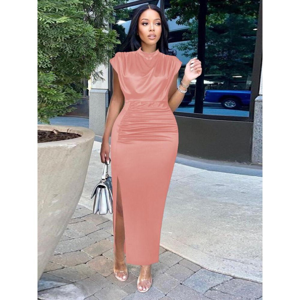 (pink, XXXL) Women Dress Pleated Long Wine Red Elegant Slit High Collar Slim Fit Sleeveless Maxi Outfits Plus Size Evening Party Shiny Gowns