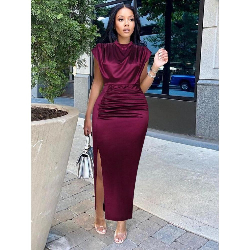 (burgundy, XXXL) Women Dress Pleated Long Wine Red Elegant Slit High Collar Slim Fit Sleeveless Maxi Outfits Plus Size Evening Party Shiny Gowns