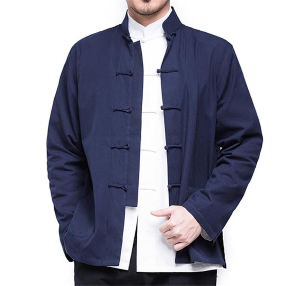 (navy blue, 185) Autumn Men&apos;s Chinese Style Cotton Linen Coat Loose Kimono Cardigan Men Solid Color Linen Outerwear Jacket Coats
