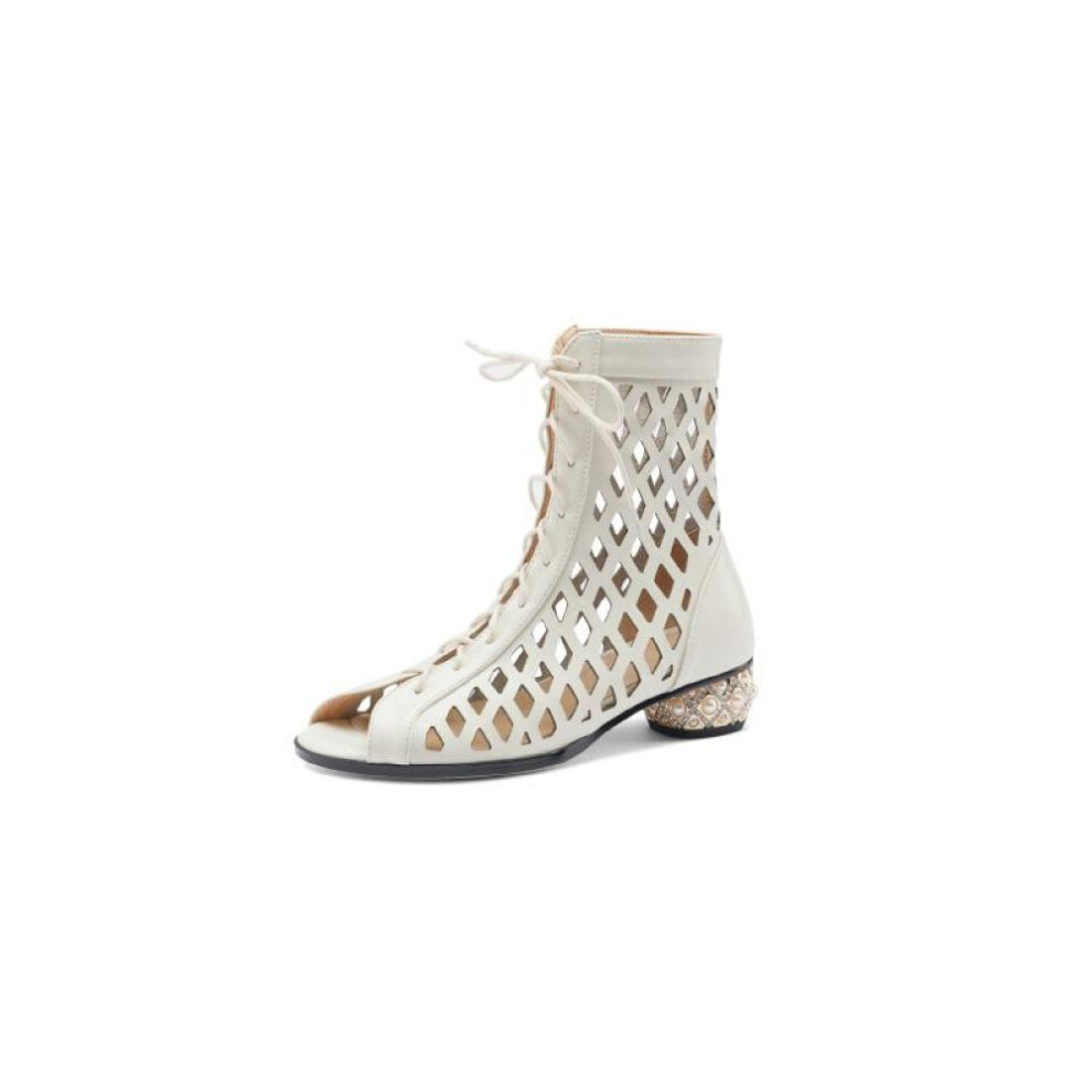 (white, 37) Krazing Pot Cow Split Leather Peeptoe Summer Boots Fashion Hollow Decorations Summer Boots Ankle Boots