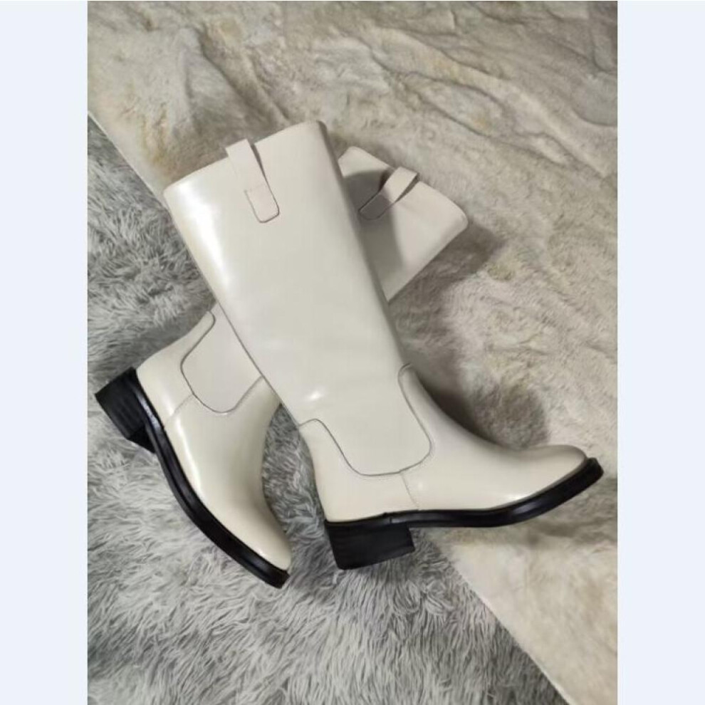 (beige, 36) Krazing Pot Cow Skin Leather Autumn Winter Shoes Med Heels Big Size 46 Equestrian Boots Women Keep Warm Thigh High Boots