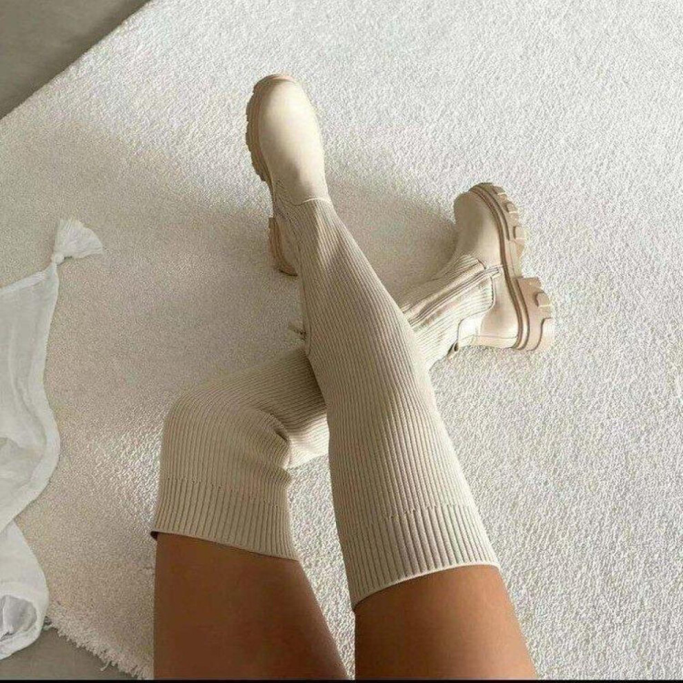 (white, 39) Women Boots 2023 New Knitted Women Shoes Ladies Warm Sexy Zipper Long Sleeve Over Knee Socks Boots Fashion Winter Boots