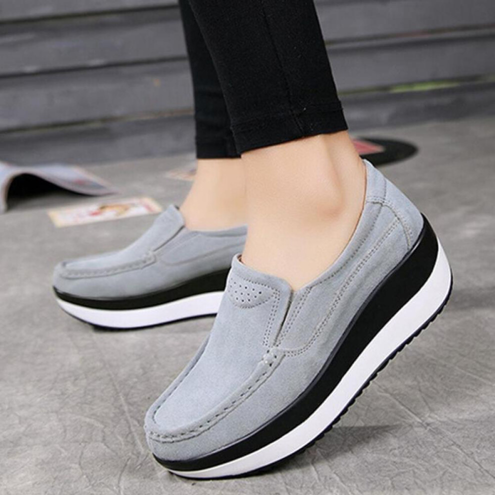 (grey, 38) Autumn Women Platform Sneakers Leather Suede Moccasins Shoes Ladies Blue Casual Oxford Shoes